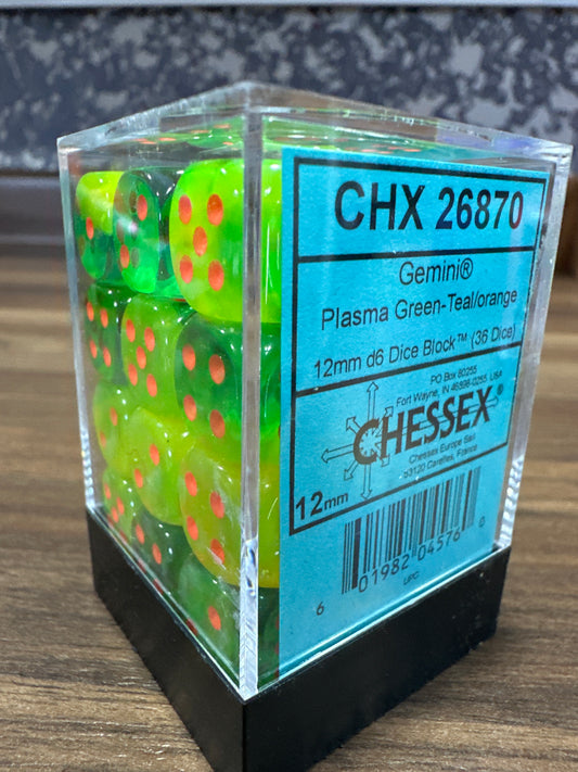 Gemini Plasma Green -Teal/Orange 12mm D6 Dice (36 DICE)