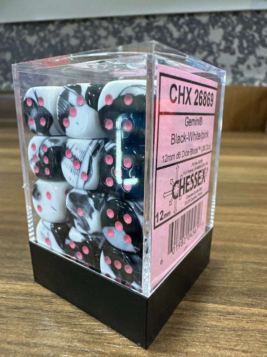 Gemini Black-White / Pink 12mm D6 dice (36 Dice)