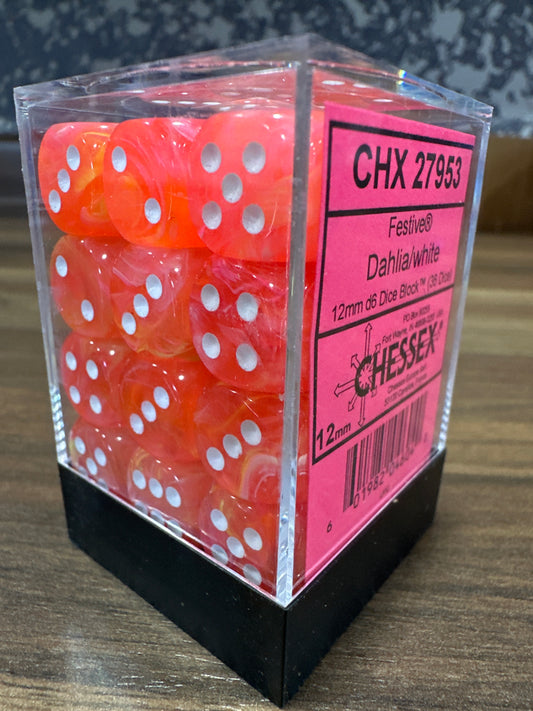 Festive Dahlia/White 12mm D6 dice (36 Dice)