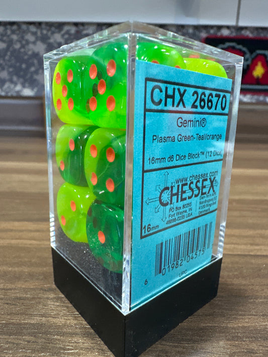 Gemini Plasma Green-Teal/ Orange 16mm D6 (12 Dice)