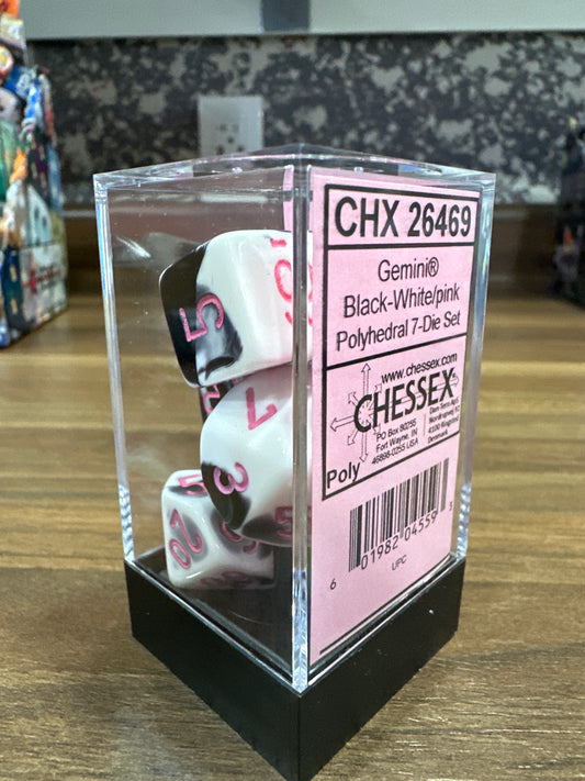 Gemini Black White Pink Polyhedral 7 Die Set